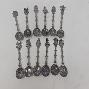 Vtg Holland Dutch demitasse mini spoons stamped novelty ornate figural set of 12